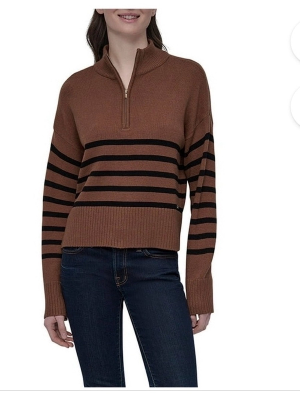 DKNY Brown Half-Zip Turtleneck with Black Stripes